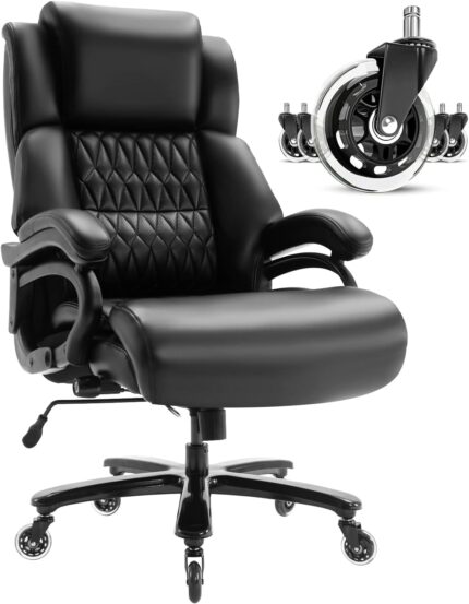 Big and Tall 400lbs Office Chair - Adjustable Lumbar Support Quiet Rubber Wheels Heavy Duty Metal Base, High Back Large Executive Computer Desk, Thick Padded Ergonomic Design for Back Pain (Black)